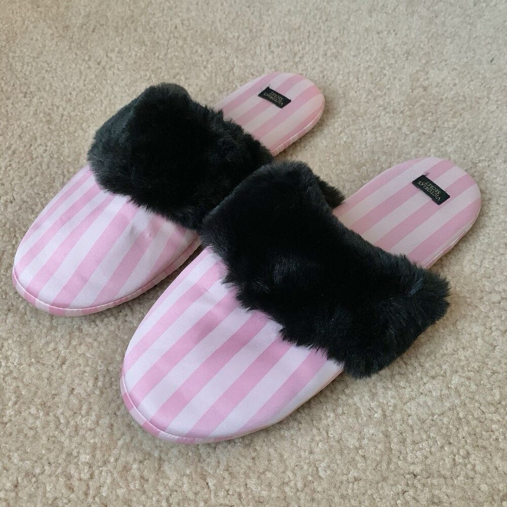 Victoria’s Secret Women’s Large Pink White Striped Satin Slippers Black Faux Fur
